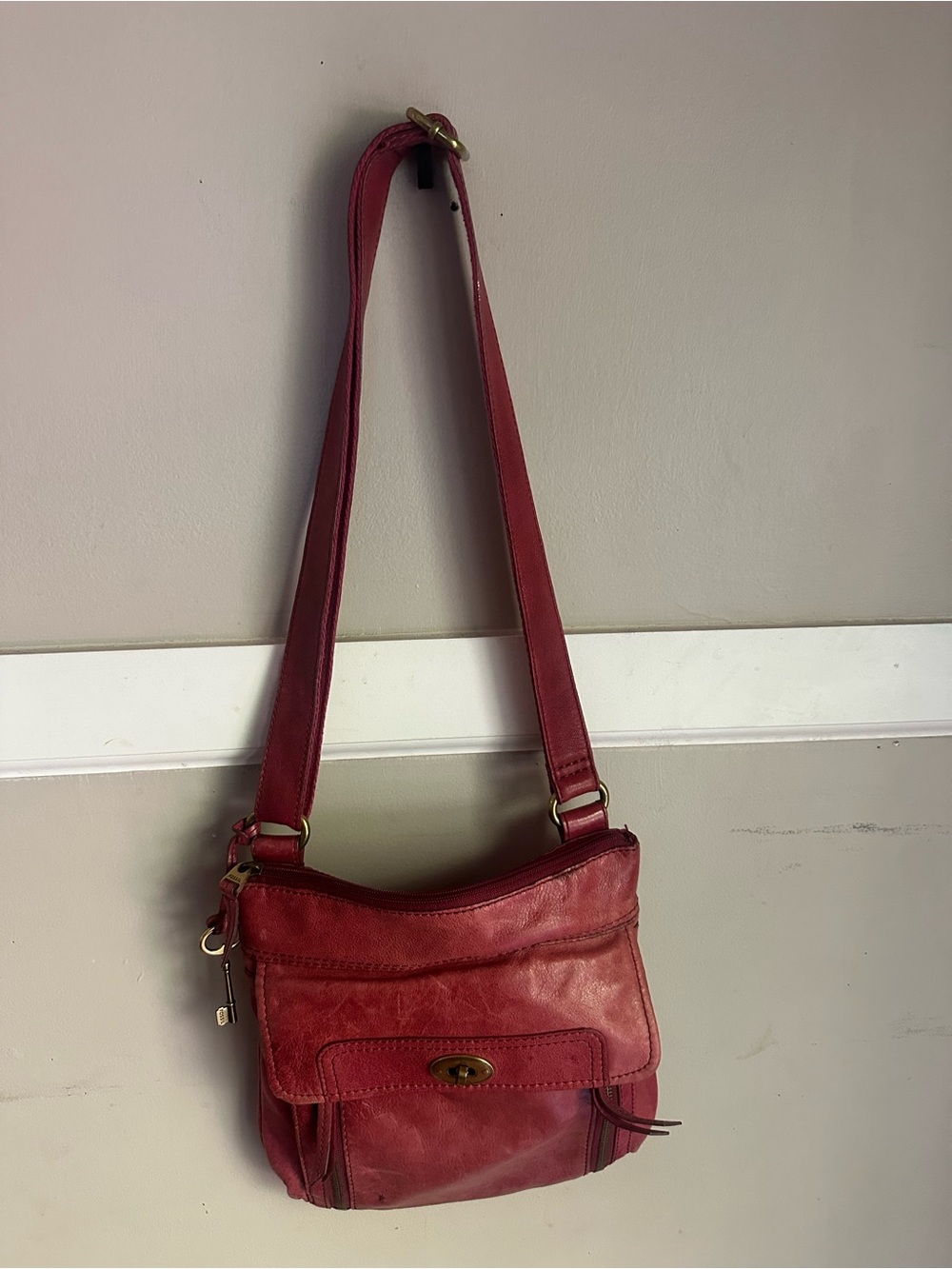 Fossil Red Leather Crossbody Bag with Front Flap